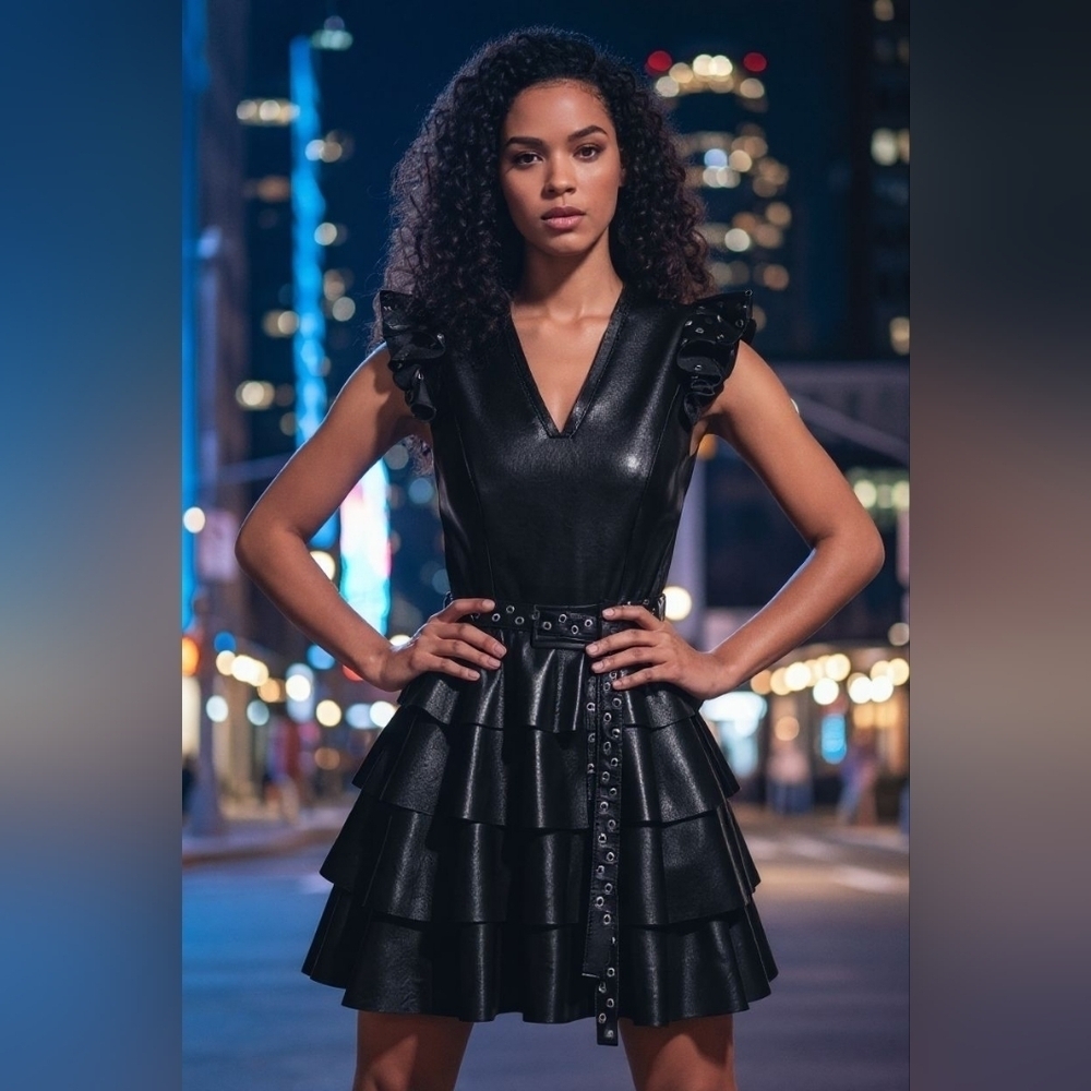 As By Df Black Recycled Leather Edgy Mini Dress NWT